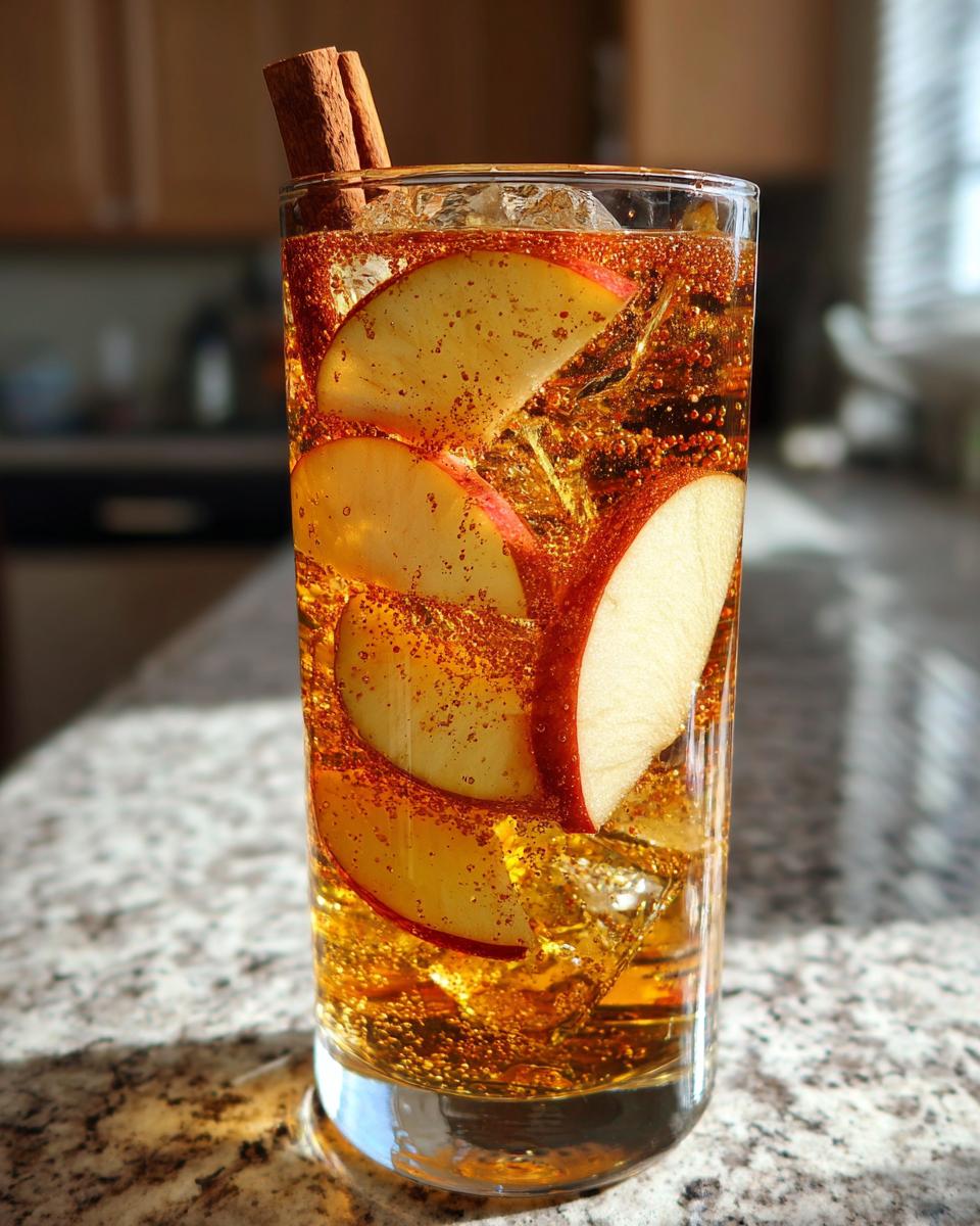 A tall glass filled with an Apple Cinnamon Sparkling Mocktail, ice, apple slices, and cinnamon sticks.