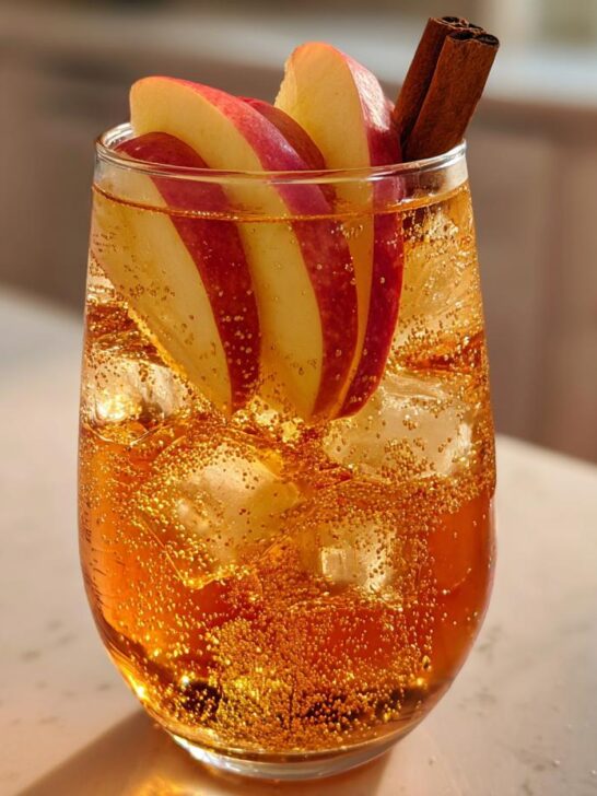 A refreshing Apple Cinnamon Sparkling Mocktail in a glass, garnished with apple slices and a cinnamon stick.
