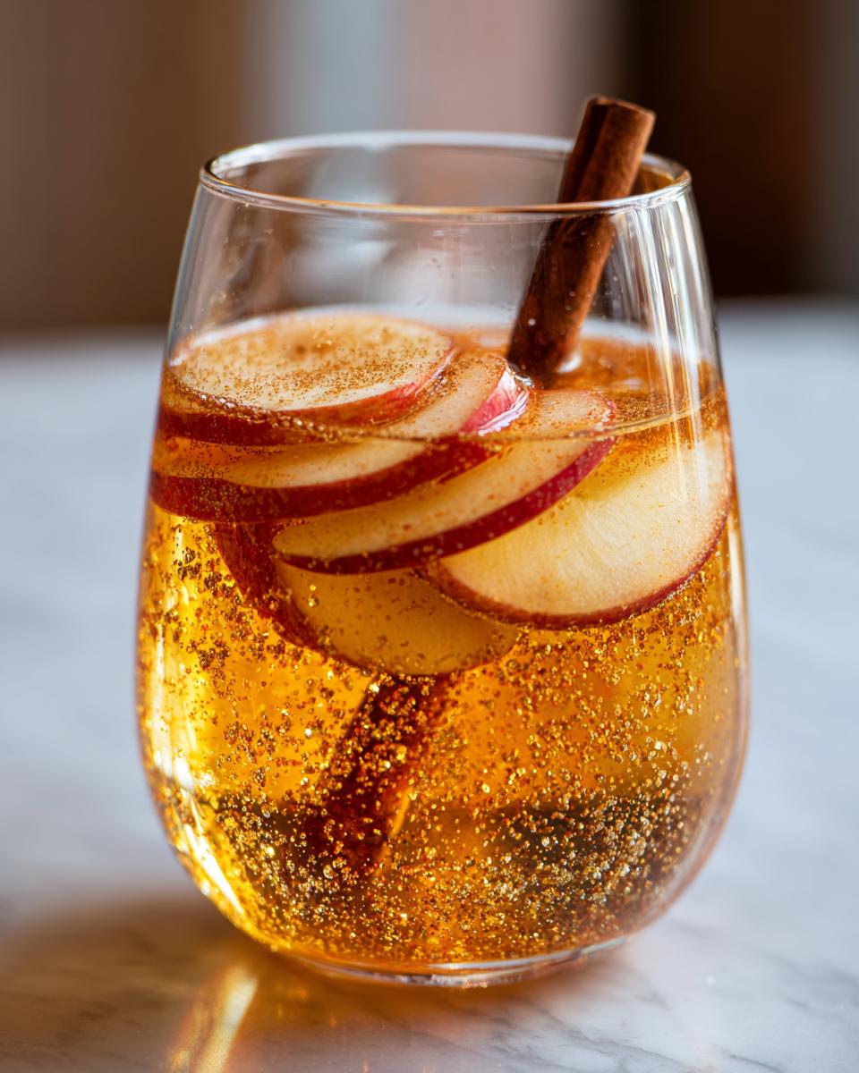 Close-up of a festive Apple Cinnamon Sparkling Mocktail with apple slices, cinnamon stick, and edible glitter.