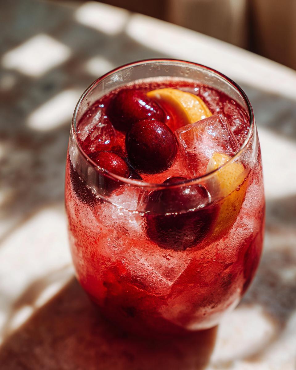 A close-up of a vibrant Beet & Berry Vodka Refresher cocktail with ice, cherries, and a lemon slice.