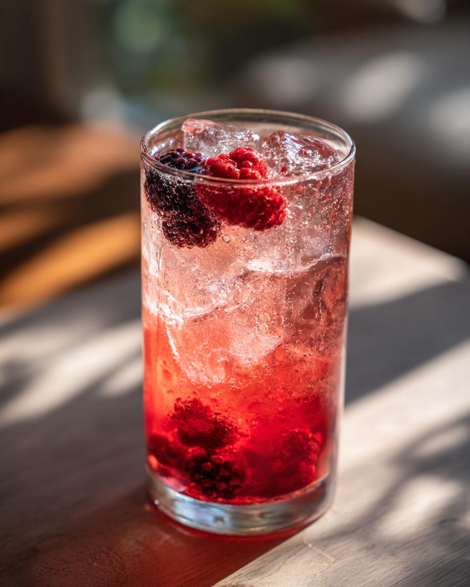 A tall glass filled with ice and a vibrant pink Beet & Berry Vodka Refresher, garnished with fresh raspberries and blackberries.