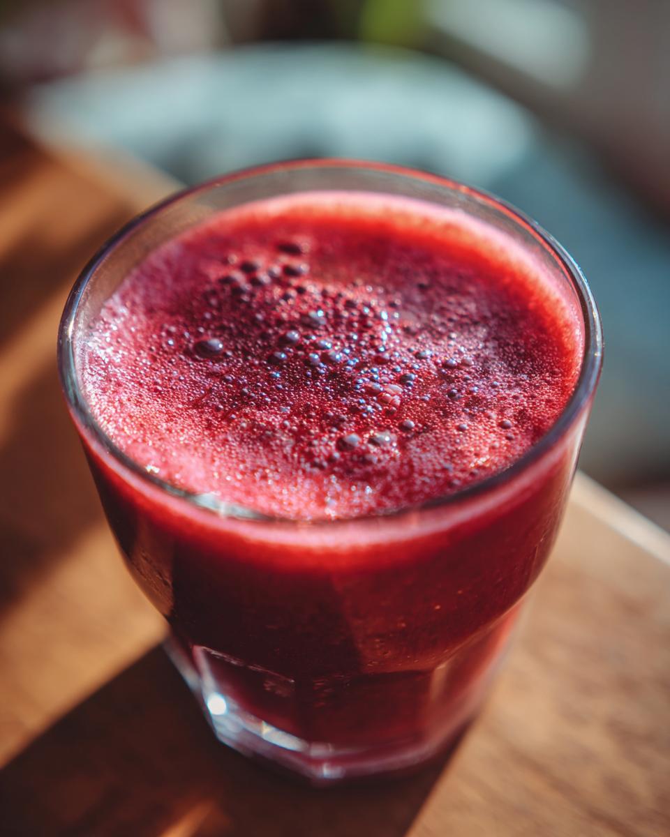 A close-up of a vibrant Beet & Berry Vodka Refresher in a glass, with a frothy top.