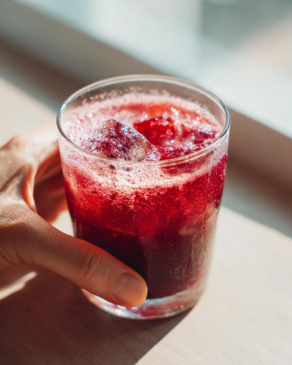 A hand holds a glass filled with a vibrant Beet & Berry Vodka Refresher, complete with ice and a frothy top.