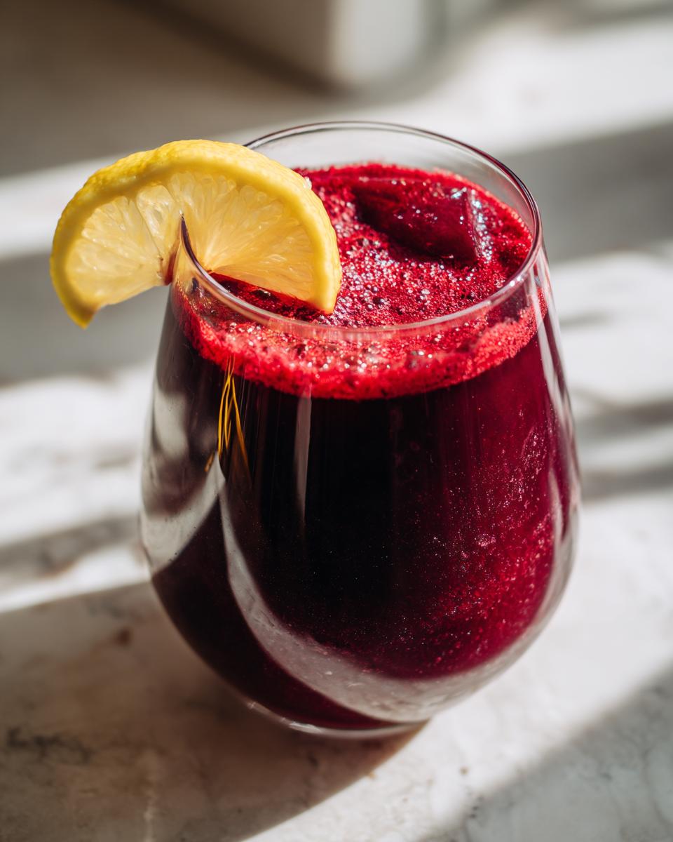 A vibrant beetroot juice with a lemon slice garnish, perfect for a Ginger Lemon Honey Energy Shot.
