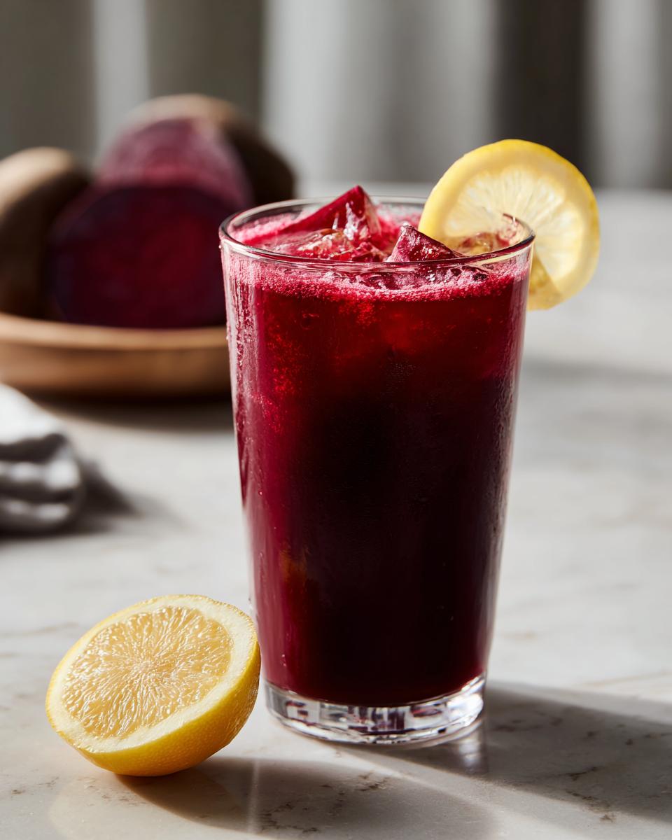 A tall glass filled with a vibrant red beetroot drink, ice, and a lemon slice, next to a halved lemon.