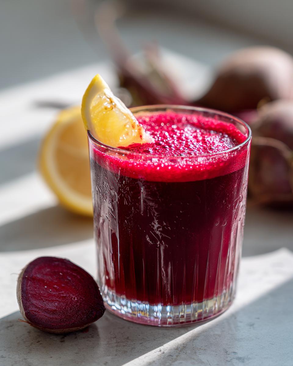 A glass of vibrant beetroot juice garnished with a lemon slice, with beetroot and lemon in the background.
