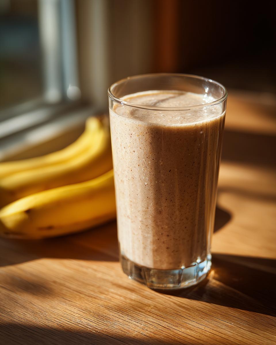 A glass of Blueberry Maca Power Smoothie with bananas in the background on a wooden table.