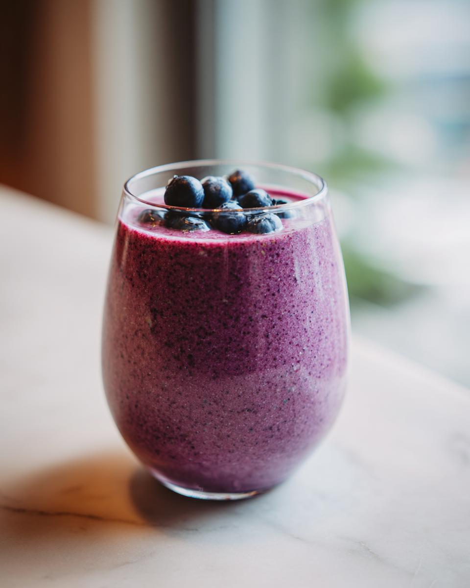 A vibrant purple Blueberry Maca Power Smoothie topped with fresh blueberries in a clear glass.