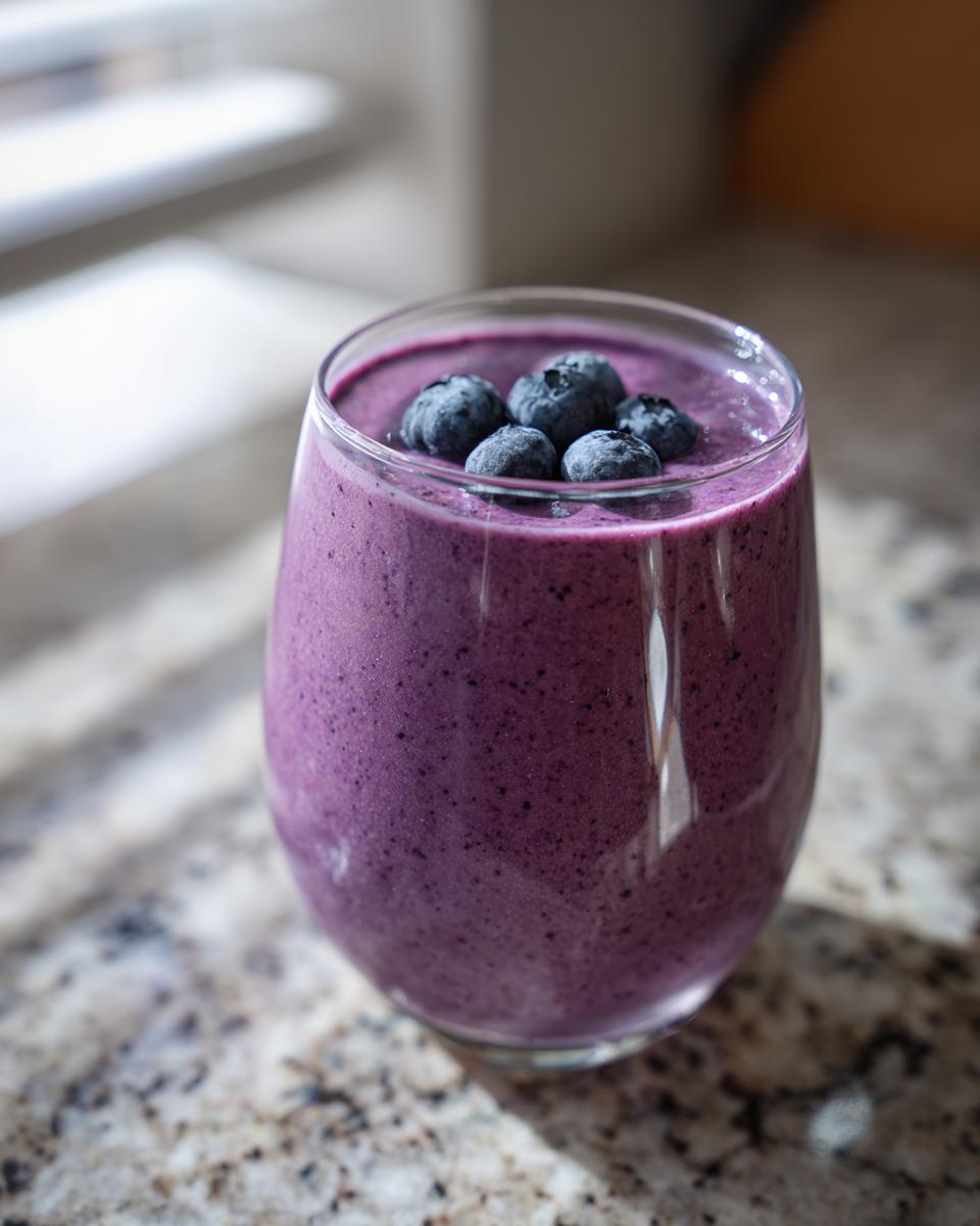 A vibrant purple Blueberry Maca Power Smoothie topped with fresh blueberries in a clear glass.