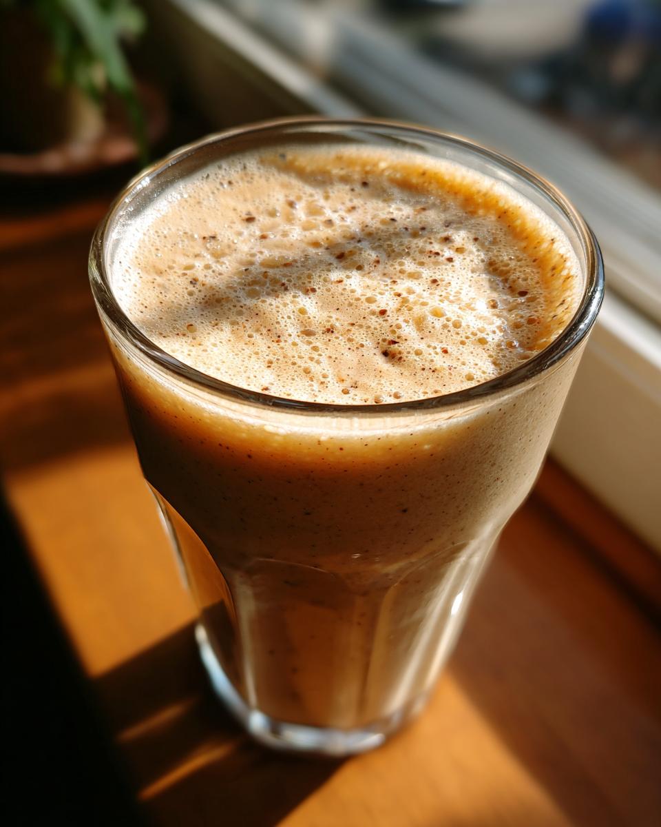 A close-up of a frothy Blueberry Maca Power Smoothie in a glass, catching the sunlight.