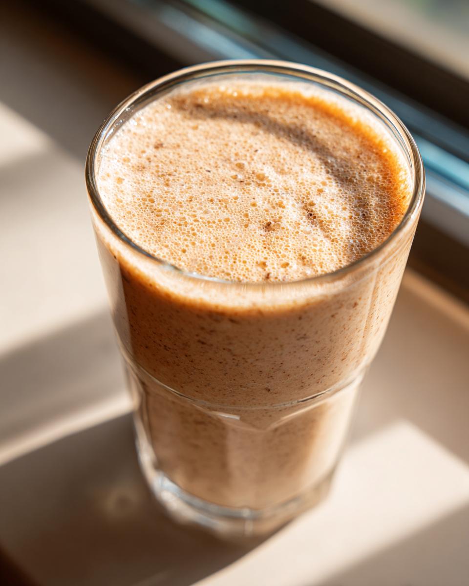 Close-up of a frothy Blueberry Maca Power Smoothie in a clear glass, with sunlight casting shadows.
