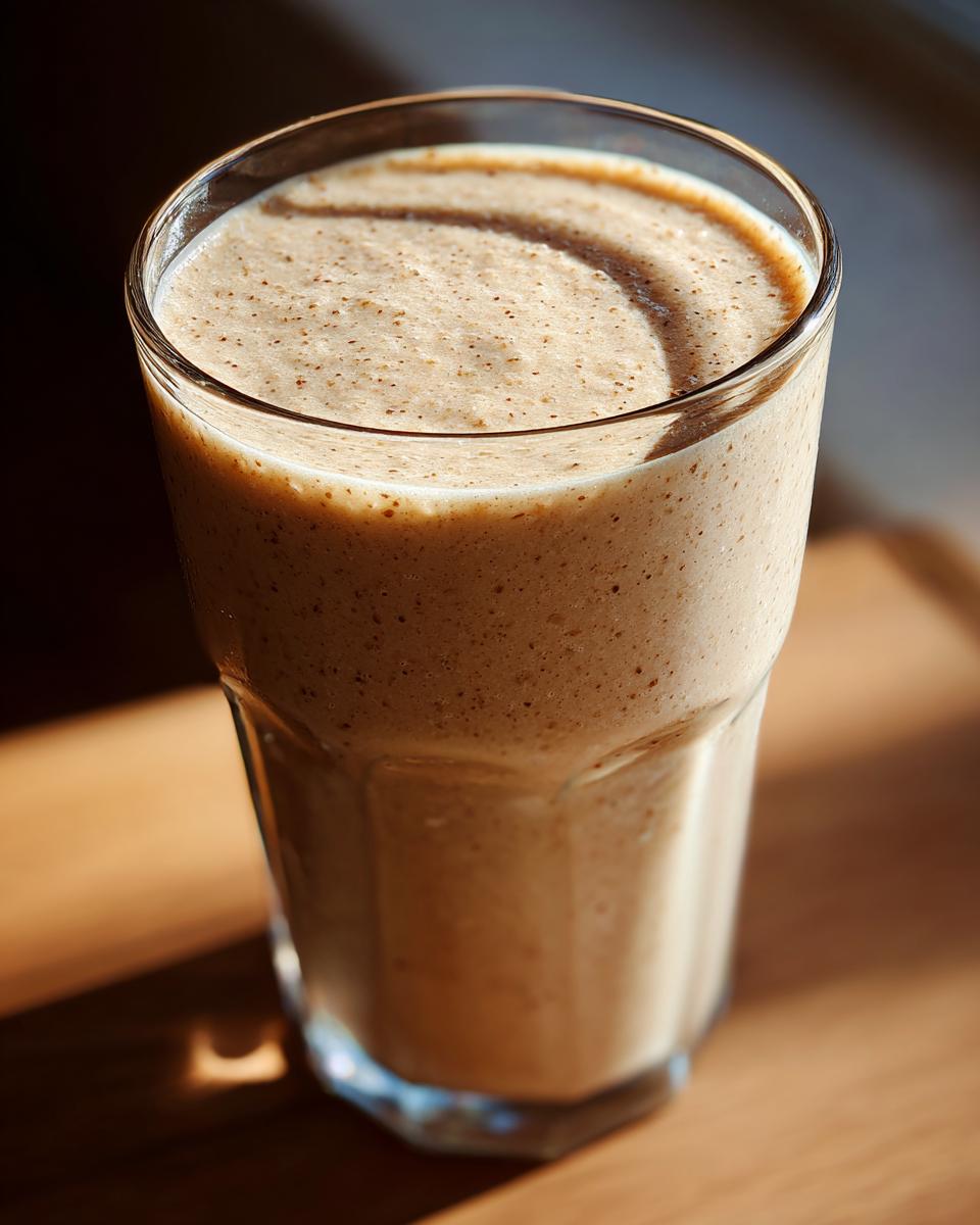 A close-up of a creamy Blueberry Maca Power Smoothie in a glass, with small specks visible.