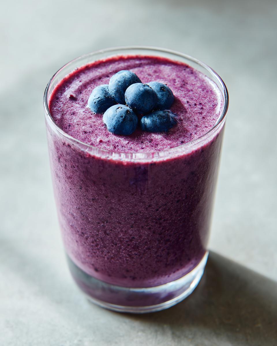 A vibrant purple Blueberry Maca Power Smoothie topped with fresh blueberries in a clear glass.