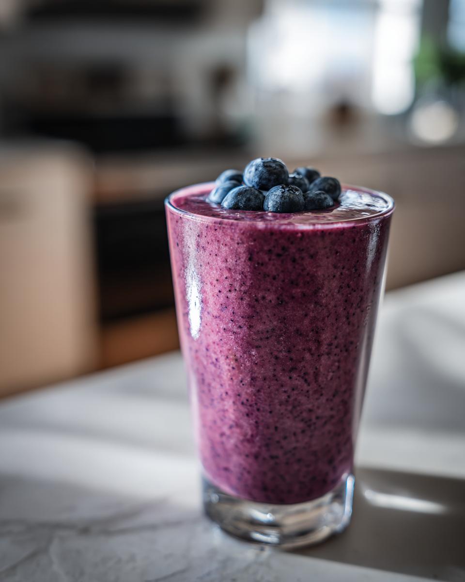 A close-up of a vibrant Blueberry Maca Power Smoothie topped with fresh blueberries in a clear glass.