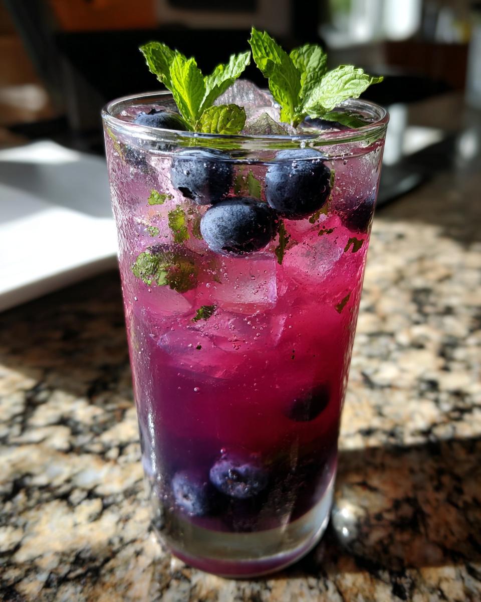 A tall glass filled with vibrant Blueberry Mint Lemonade, ice, fresh blueberries, and mint leaves.