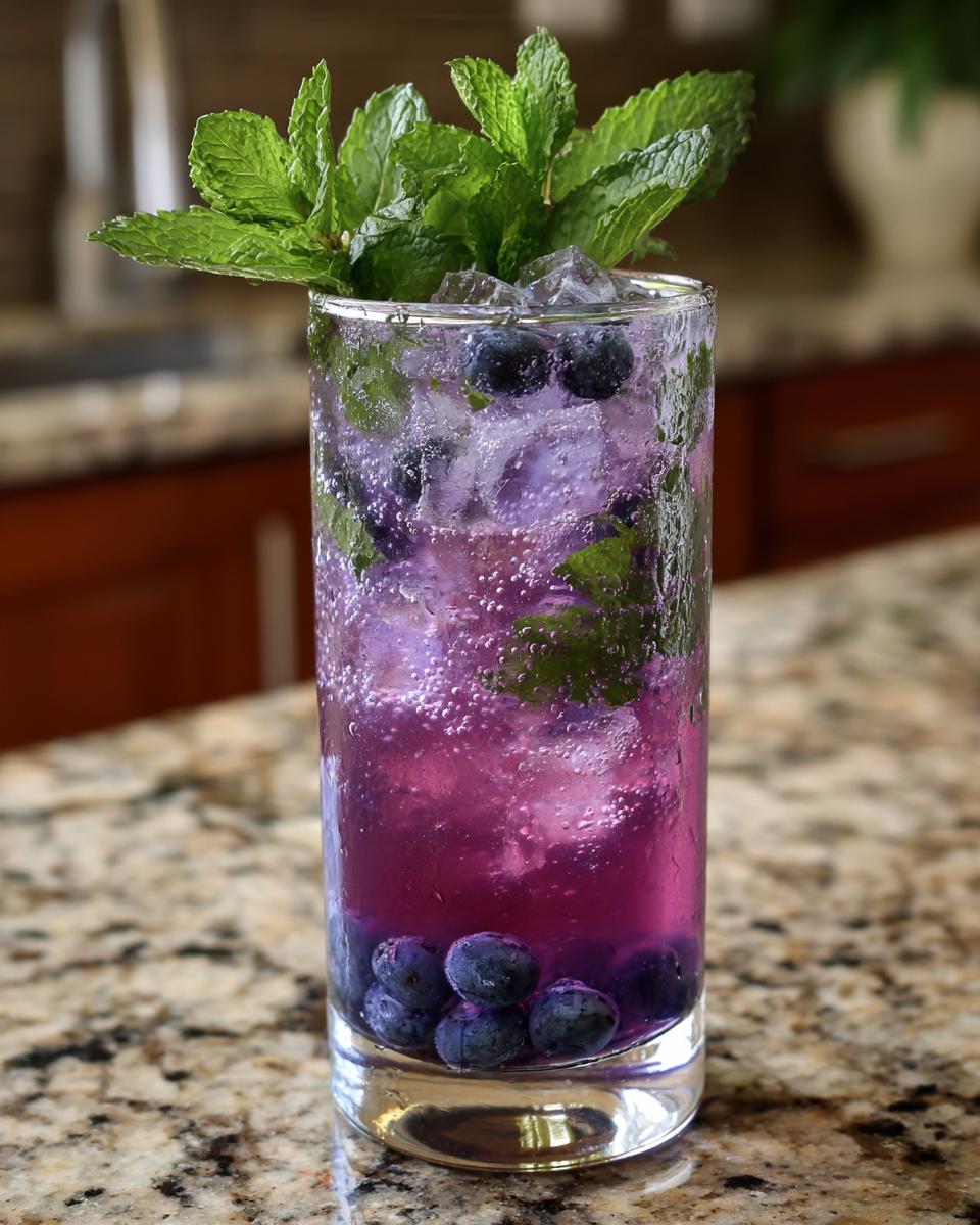 A tall glass of vibrant Blueberry Mint Lemonade filled with ice, fresh blueberries, and mint sprigs.