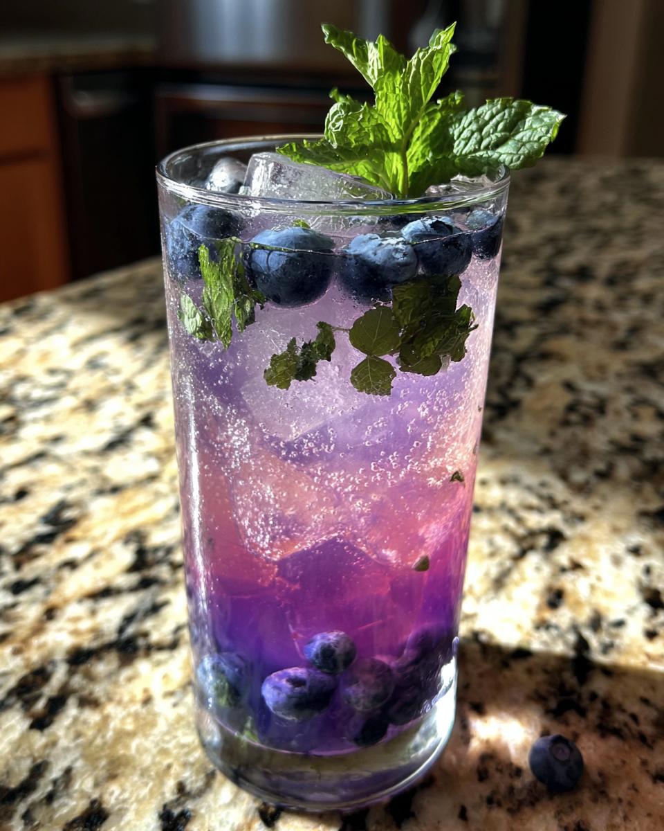 A tall glass of vibrant Blueberry Mint Lemonade with fresh blueberries, mint leaves, and ice.