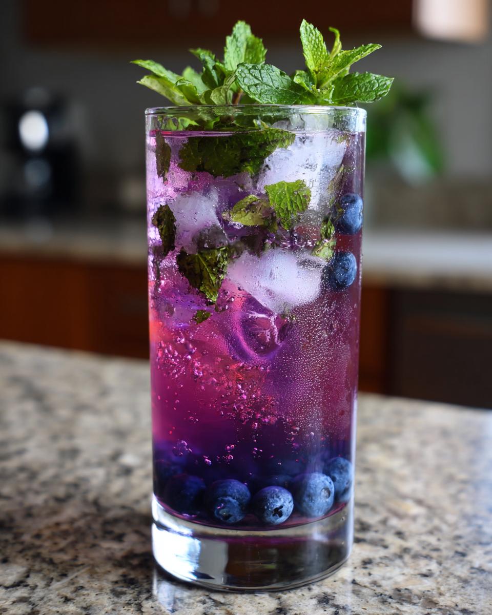 A tall glass filled with vibrant Blueberry Mint Lemonade, ice, fresh blueberries, and mint leaves.