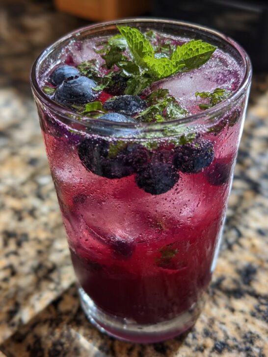 A tall glass filled with vibrant Blueberry Mint Lemonade, ice, fresh blueberries, and mint leaves.