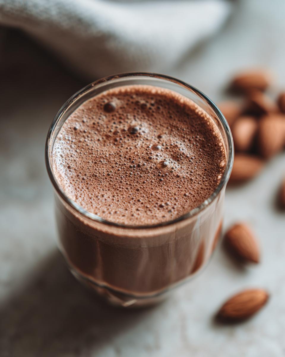 Close-up of a frothy Cacao Almond Energy Shake in a glass, with almonds scattered in the background.