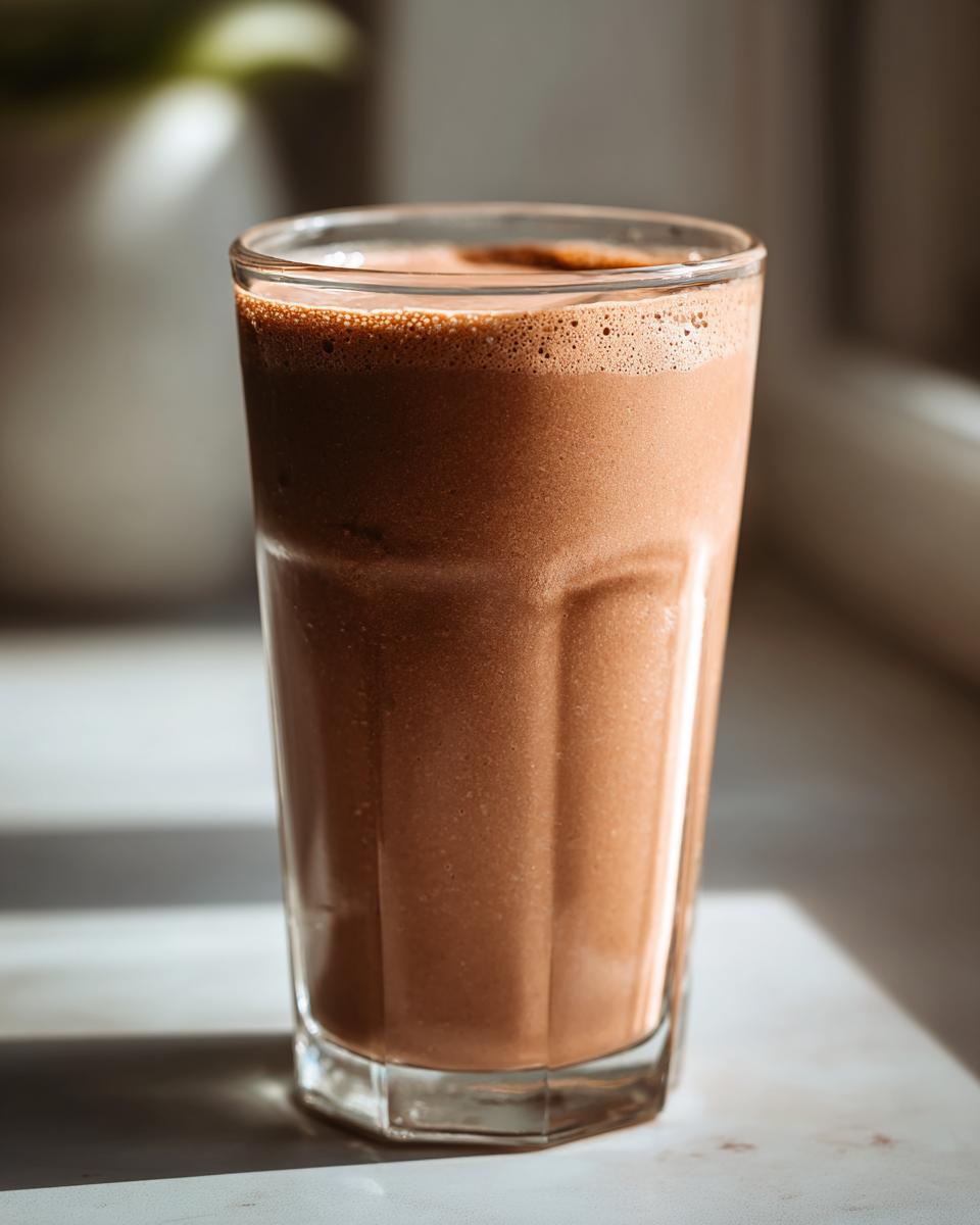 A tall glass filled with a frothy chocolate cacao almond energy shake, perfect for a quick boost.