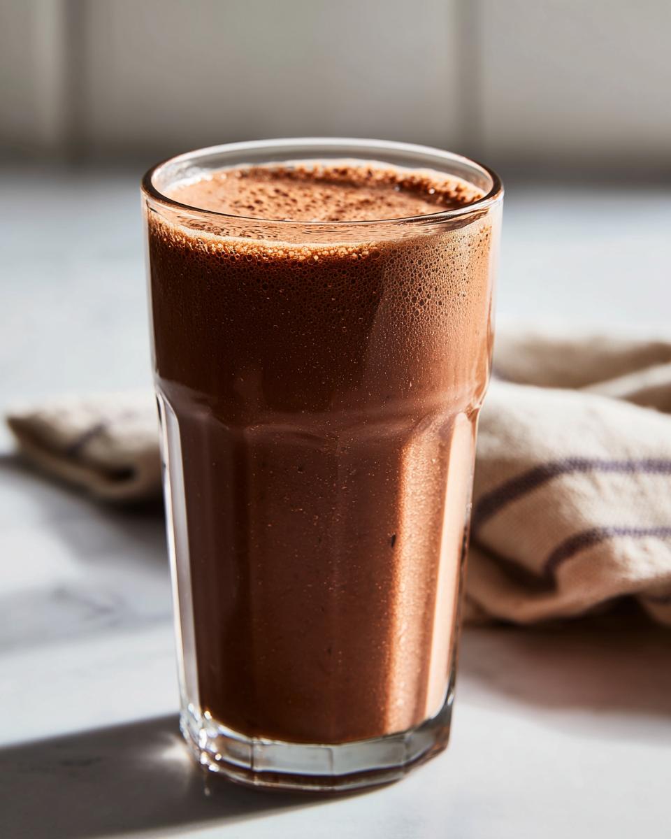 A close-up of a tall glass filled with a frothy Cacao Almond Energy Shake.