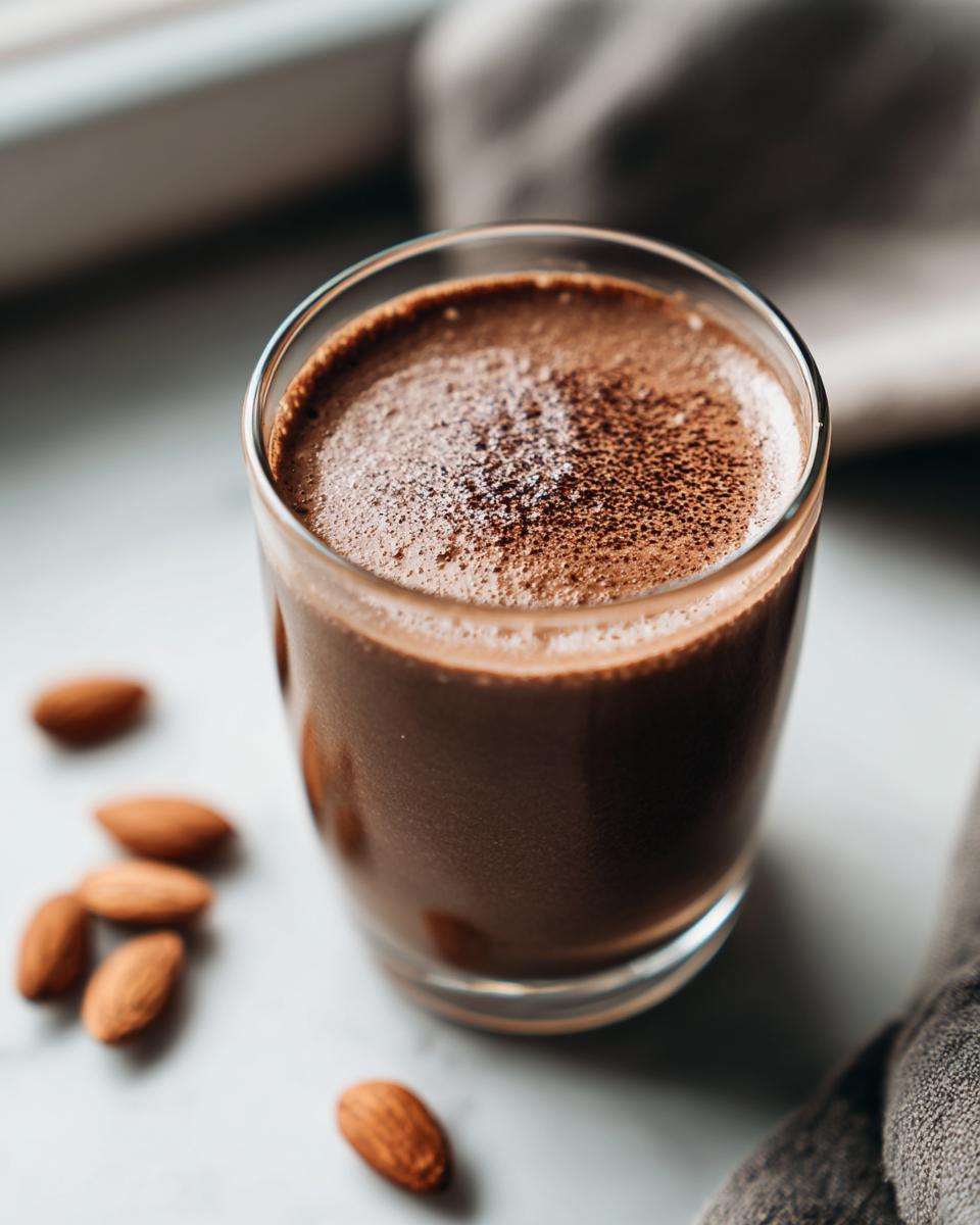 A glass of rich cacao almond energy shake topped with cocoa powder, with almonds scattered around.