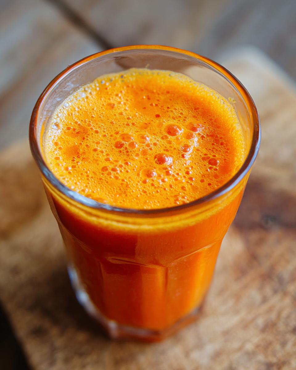 A close-up of a glass filled with vibrant orange carrot ginger juice, topped with foam.