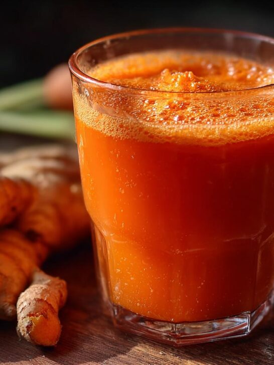 A glass of vibrant orange carrot ginger juice, with fresh carrots and turmeric root in the background.