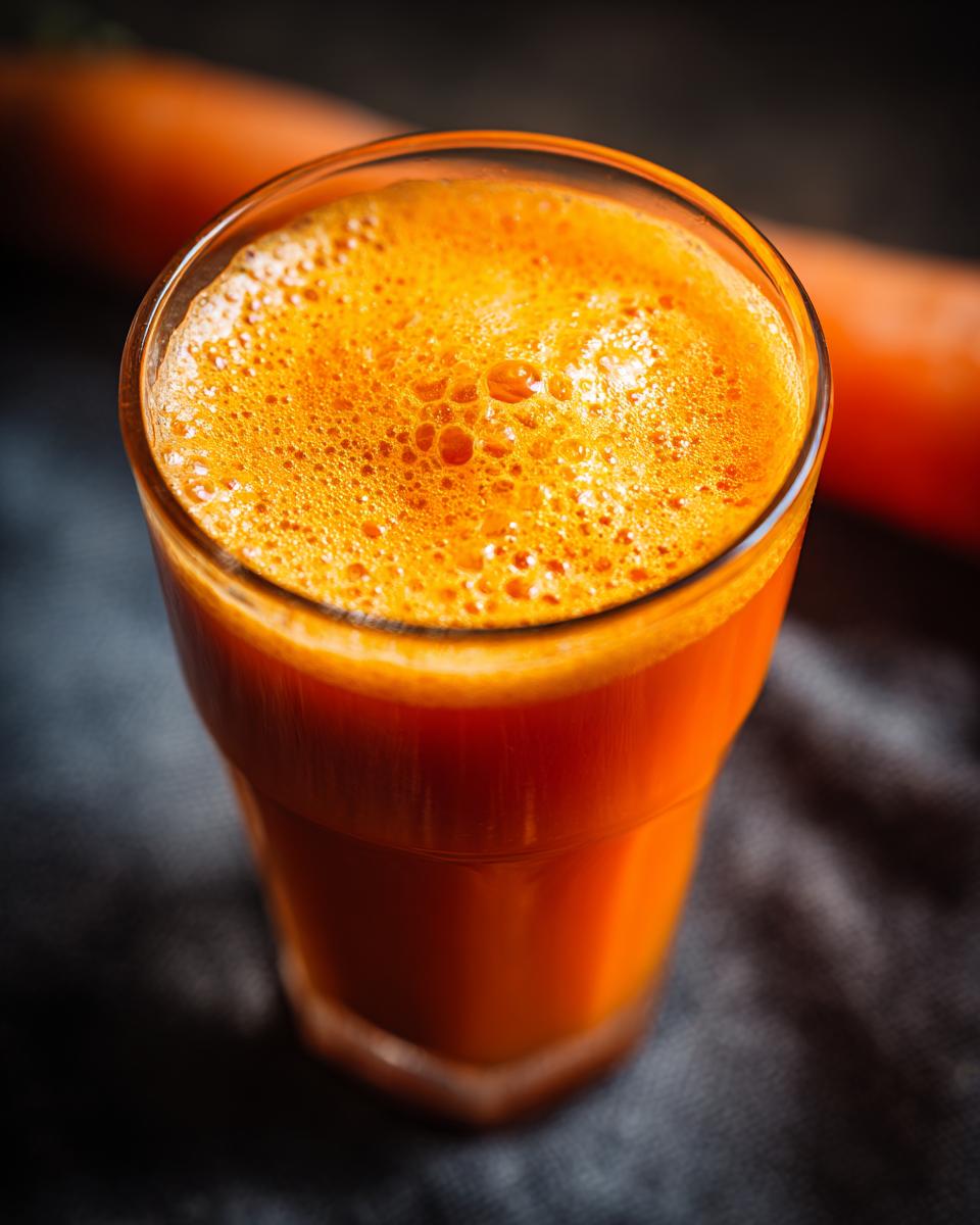 Close-up of a glass filled with vibrant orange carrot juice, topped with foam, with a blurred carrot in the background.
