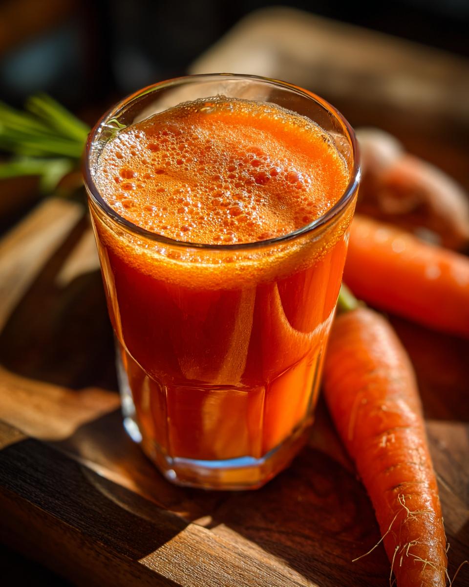 A glass of vibrant orange carrot juice with foam, next to whole carrots on a wooden board.