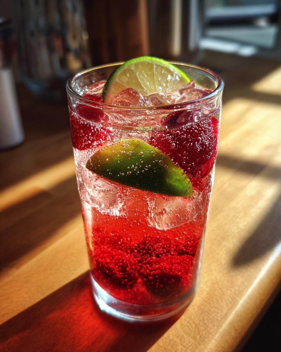 A tall glass filled with a vibrant red Cherry Lime Sparkling Mocktail, complete with ice, cherries, and lime slices.