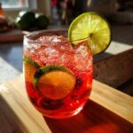 A close-up of a vibrant Cherry Lime Sparkling Mocktail with ice, lime slices, and bubbles.