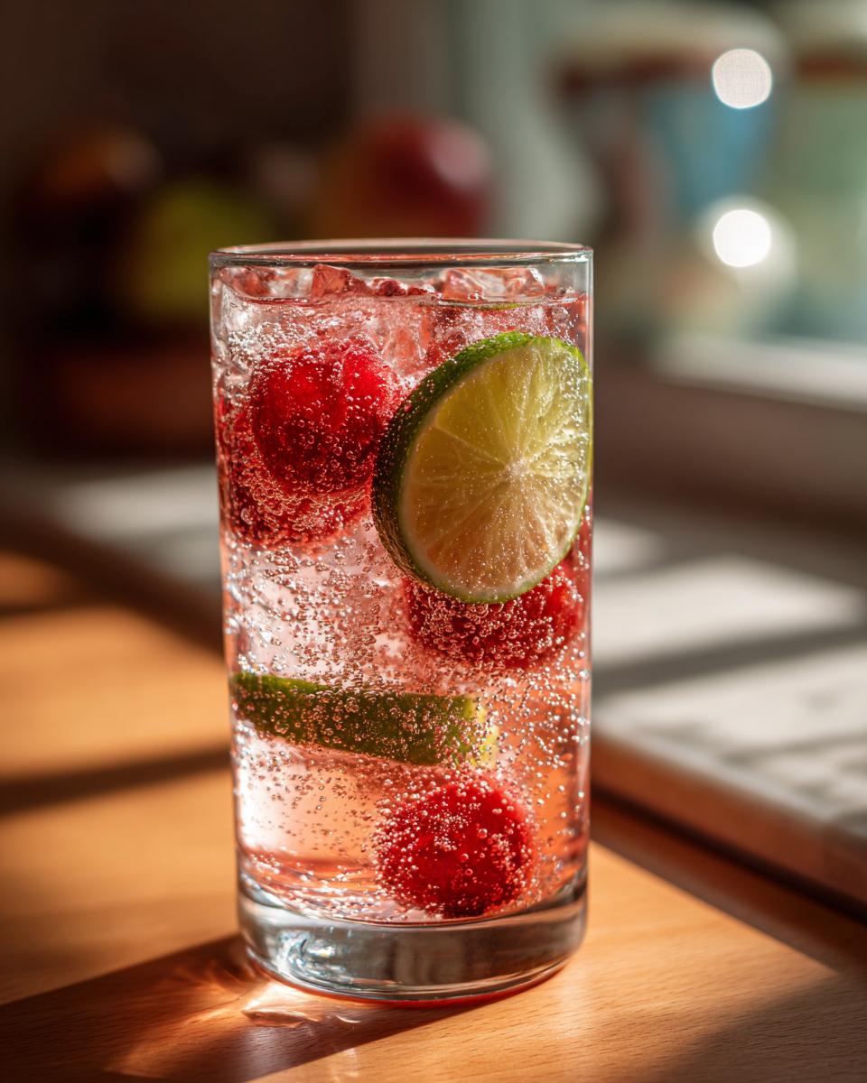 A tall glass filled with ice, cherries, and lime slices, topped with sparkling water for a Cherry Lime Sparkling Mocktail.