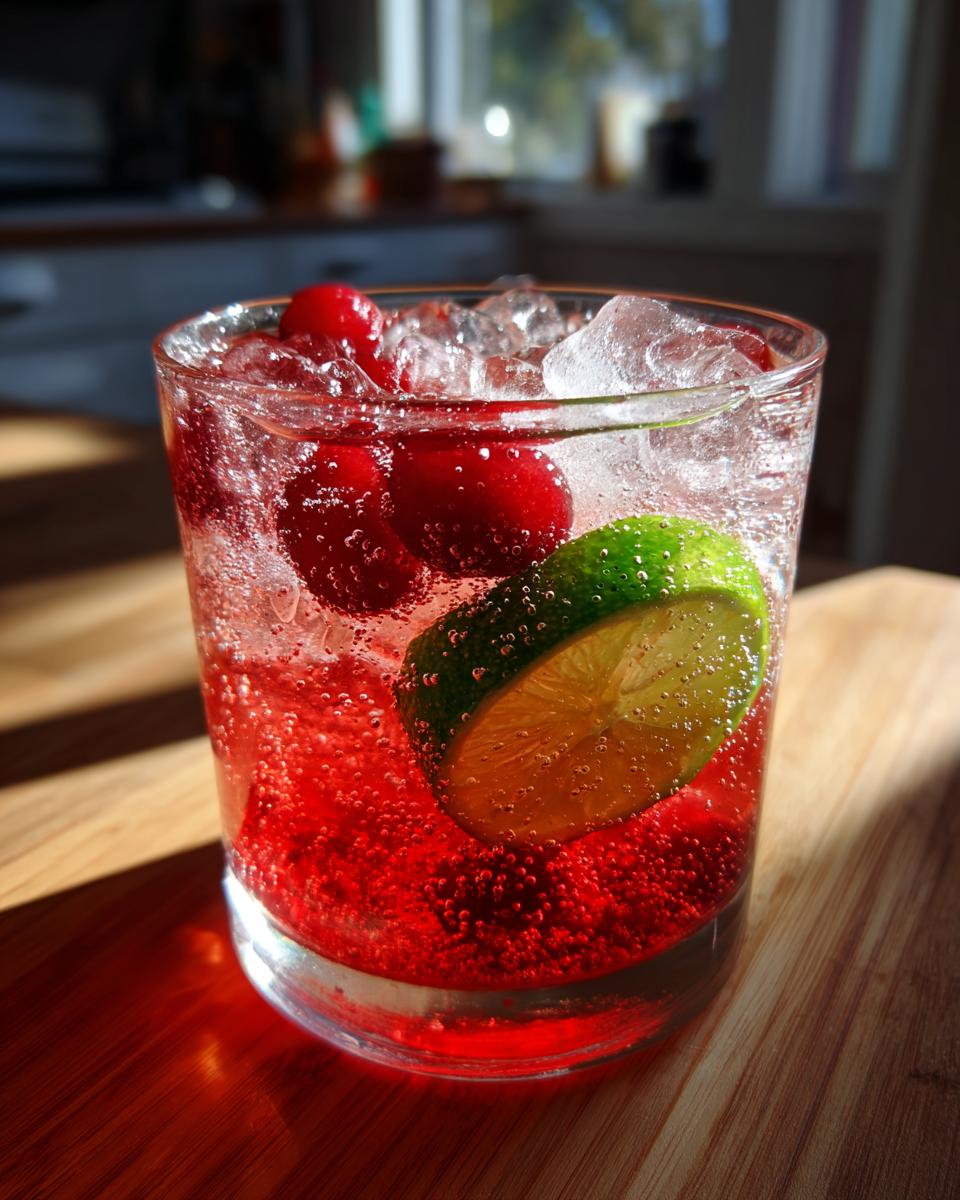 A close-up of a Cherry Lime Sparkling Mocktail with fresh cherries and a lime wedge in a glass filled with ice and bubbles.