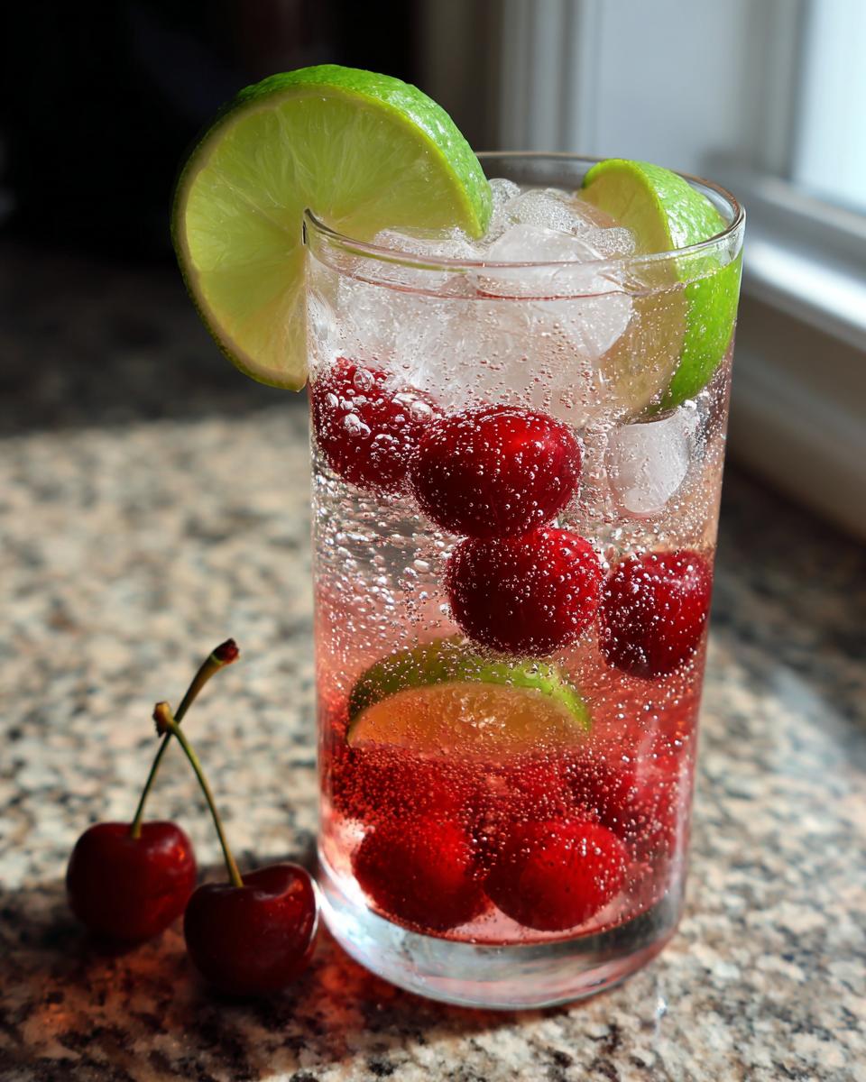 A tall glass filled with ice, cherries, lime slices, and sparkling water for a Cherry Lime Sparkling Mocktail.
