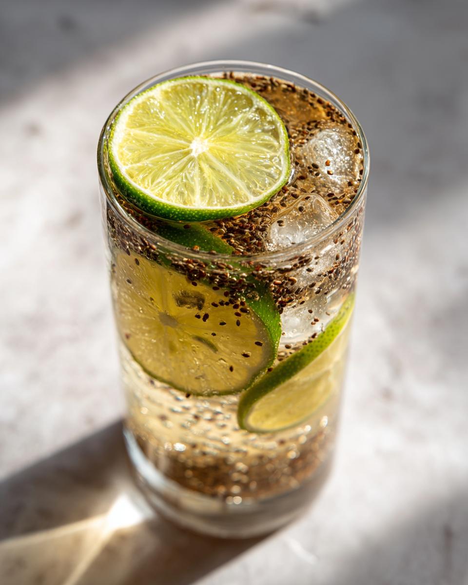 Close-up of a tall glass filled with chia seeds, ice, lime slices, and a clear liquid, showcasing the Coconut Water Electrolyte Boost.