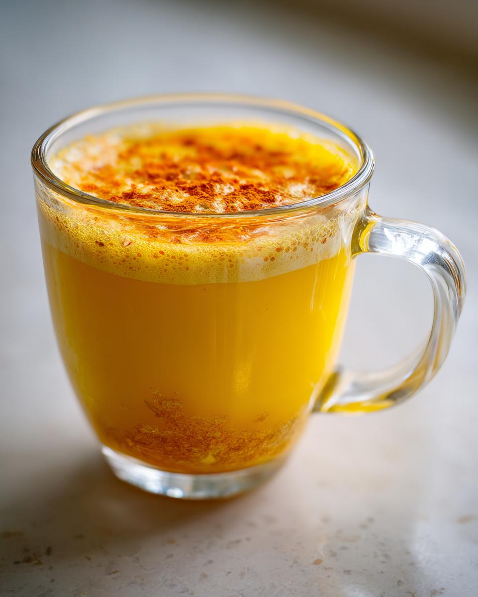 Close-up of a vibrant yellow Ginger Lemon Honey Energy Shot drink in a glass mug, topped with foam and a sprinkle of turmeric, with chia seeds visible at the bottom.