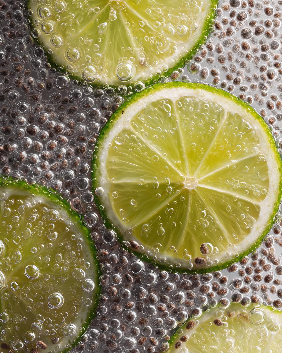 Close-up of lime slices and chia seeds in bubbly water, highlighting the Coconut Water Electrolyte Boost.