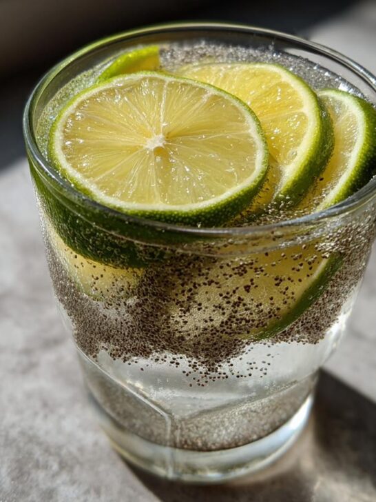 A refreshing glass of Chia Seed Hydration Fresca with lime slices and chia seeds, showcasing its Coconut Water Electrolyte Boost.