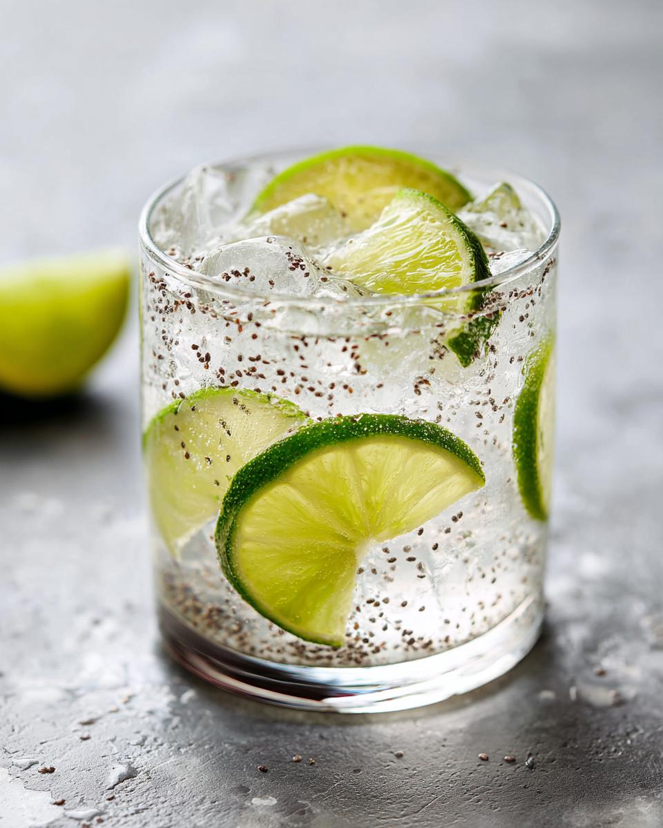 A refreshing glass of Chia Seed Hydration Fresca with lime slices and ice, showcasing the chia seeds and Coconut Water Electrolyte Boost.