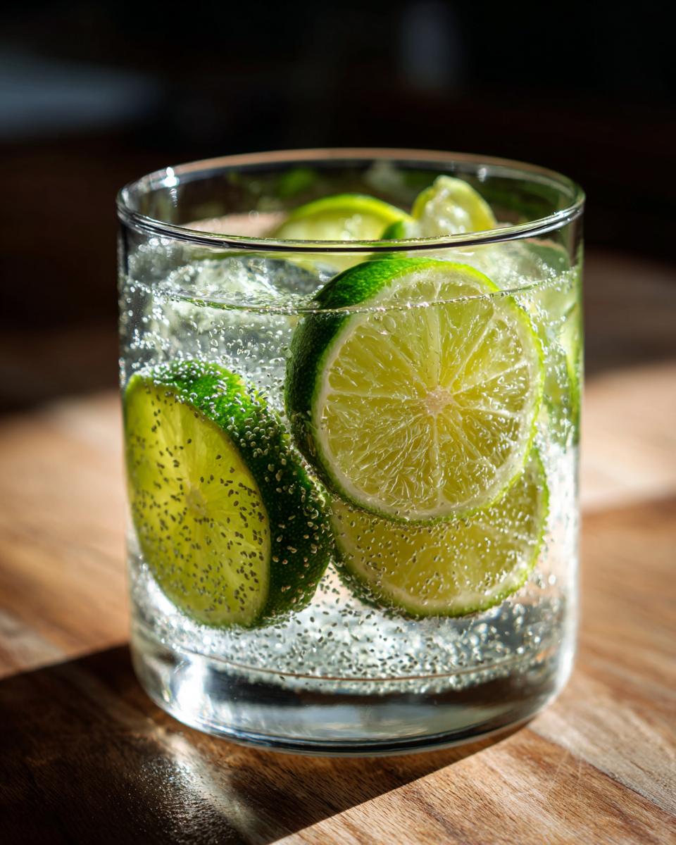 A refreshing glass of sparkling water with lime slices and chia seeds, perfect for a Coconut Water Electrolyte Boost.