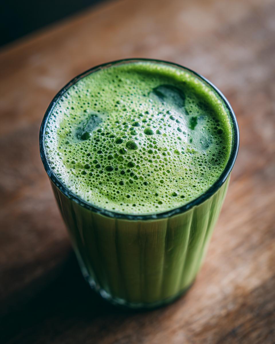 A close-up of a vibrant green Cranberry Beet Endurance Drink with frothy bubbles on top, served in a fluted glass.