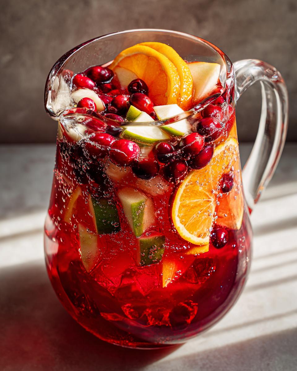 A pitcher filled with vibrant Cranberry Orange Mock Sangria, loaded with fresh cranberries, orange slices, and apple chunks.