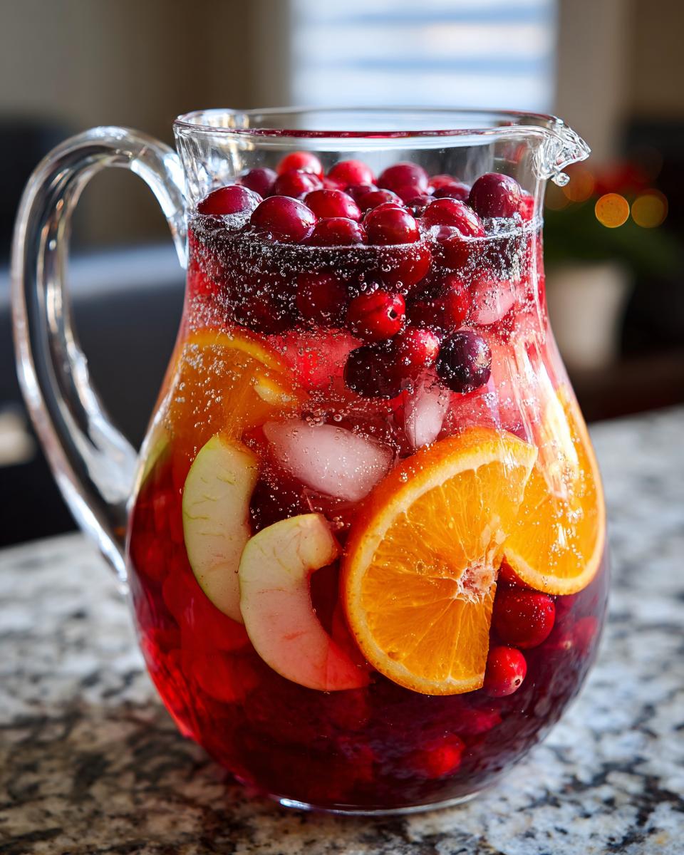 A refreshing pitcher of Cranberry Orange Mock Sangria filled with ice, cranberries, orange slices, and apple wedges.