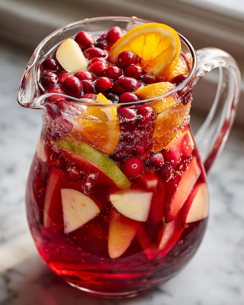 A clear glass pitcher filled with vibrant Cranberry Orange Mock Sangria, packed with fresh cranberries, orange slices, and apple chunks.