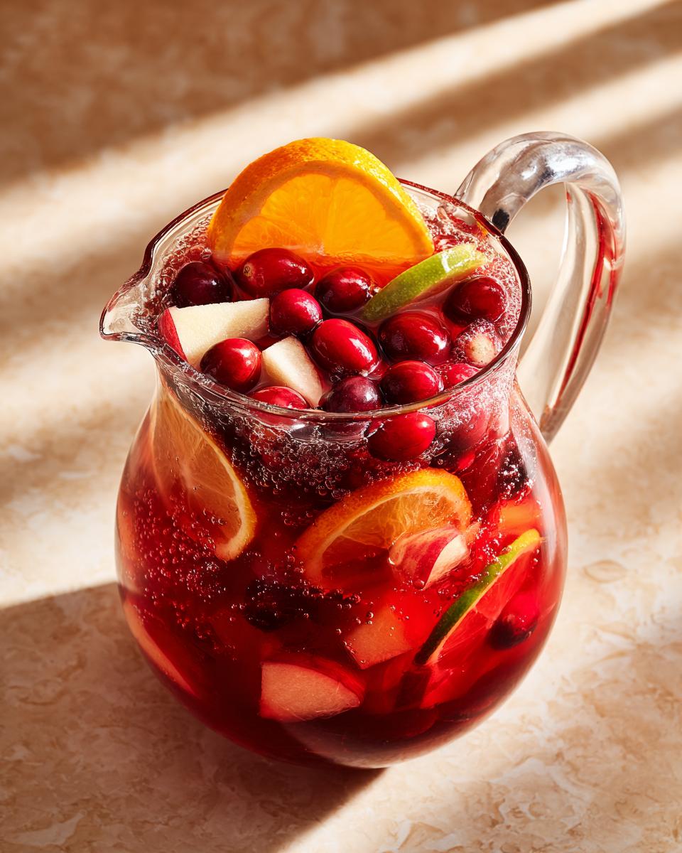 A pitcher filled with vibrant Cranberry Orange Mock Sangria, featuring cranberries, orange slices, and apple chunks.