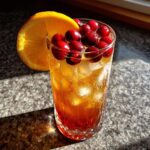 A tall glass filled with ice, a Cranberry Orange Vodka Twist cocktail, fresh cranberries, and an orange slice garnish.