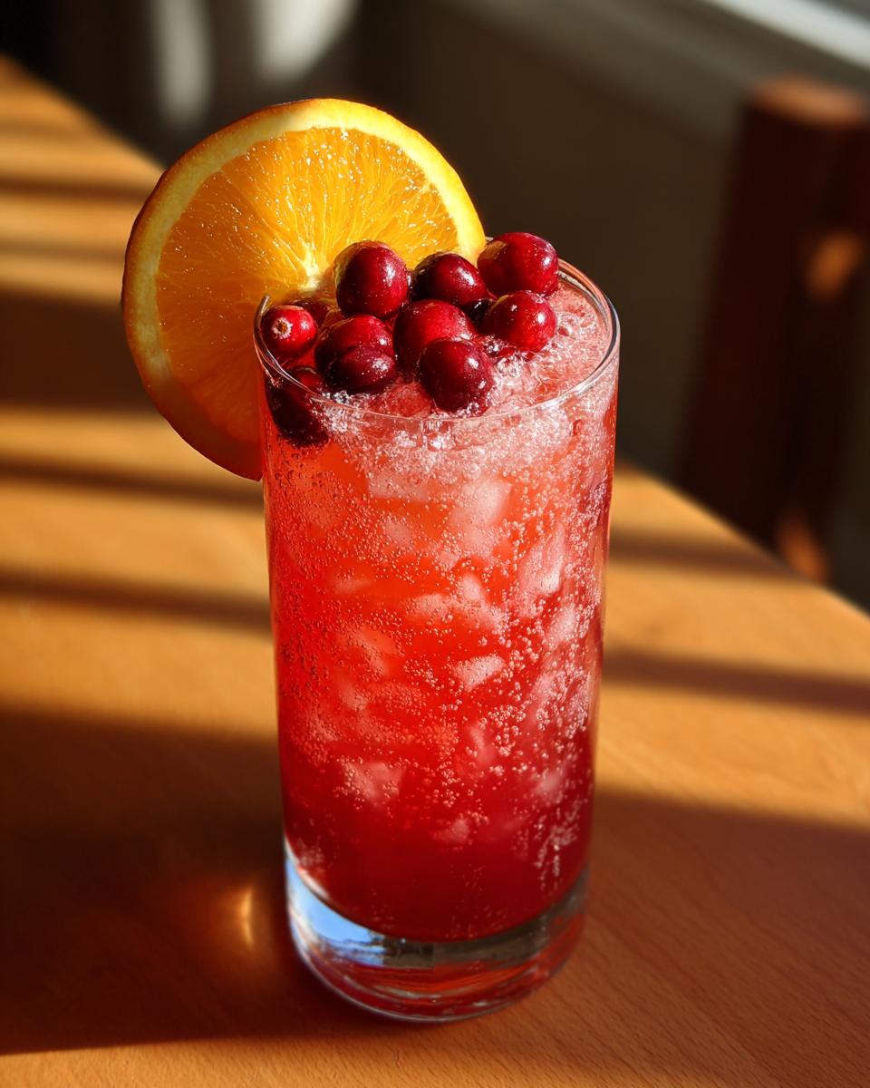 A tall glass filled with a vibrant red Cranberry Orange Vodka Twist cocktail, garnished with fresh cranberries and an orange slice.