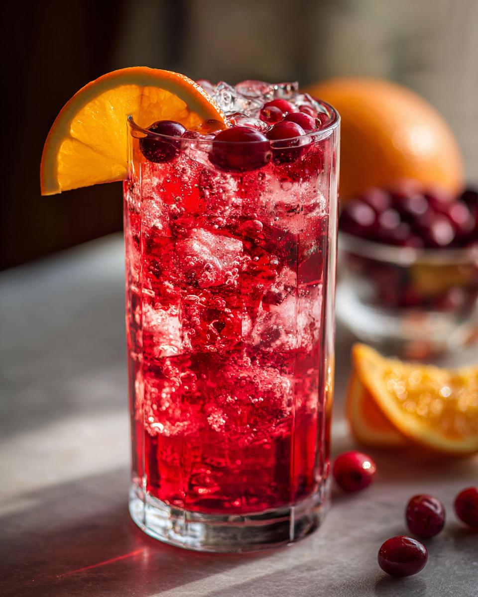 A tall glass filled with ice and a vibrant red Cranberry Orange Vodka Twist cocktail, garnished with fresh cranberries and an orange slice.